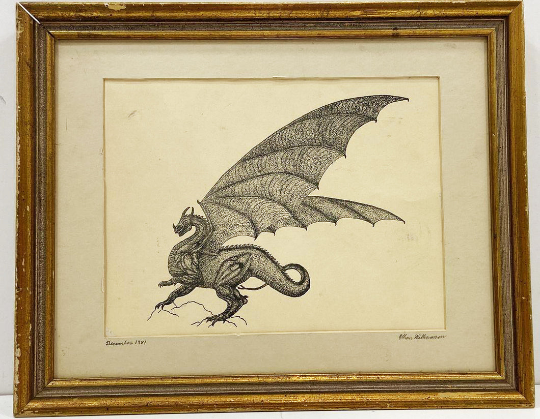 Vintage Framed Dragon Pointillism Art