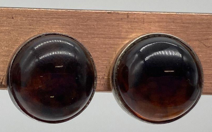Vintage Amber Round Sterling Silver Stud Earrings