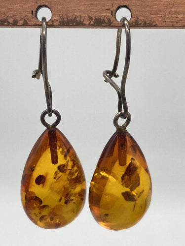 Vintage Amber Cabochon Teardrop Sterling Silver Earrings