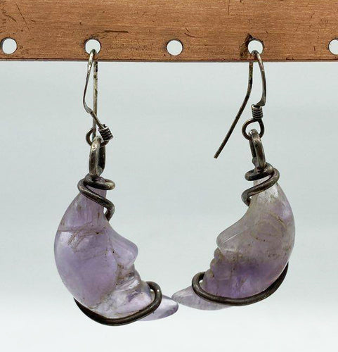 Carved Amethyst Crescent Moon Sterling Silver Earrings