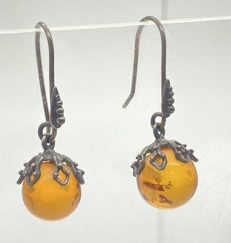 Vintage Amber Ball Sterling Silver Earrings