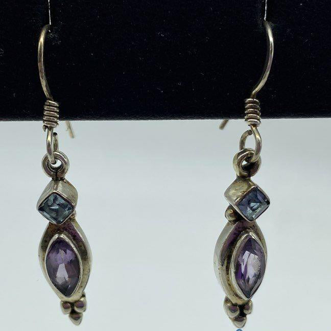 Vintage Blue Topaz Amethyst Sterling Silver Earrings