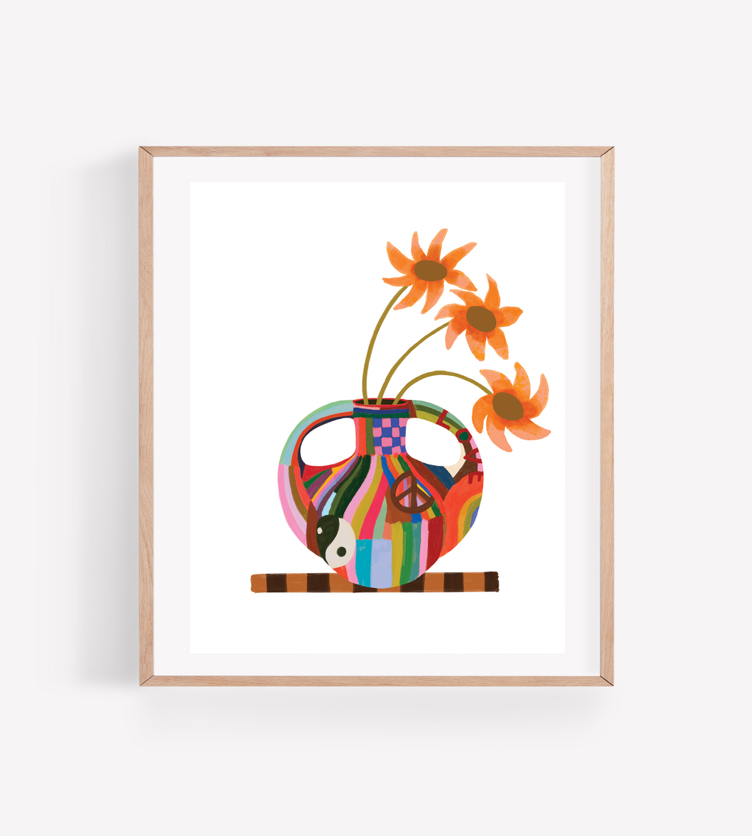 Rainbow Hippie Vase with Flowers Art Print