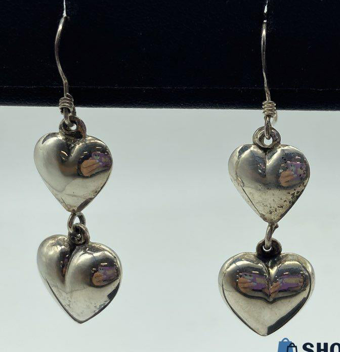 Vintage Puffy Hearts Sterling Silver Dangle Earrings