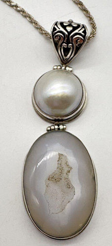 Vintage Druzy Quartz & Cultured Pearl Sterling Silver Necklace
