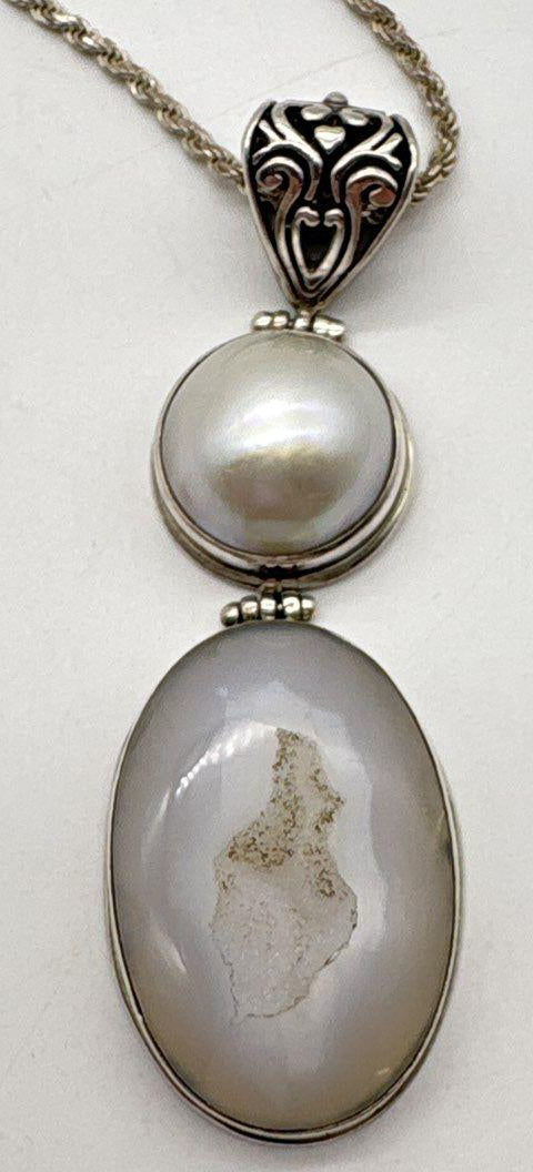 Vintage Druzy Quartz & Cultured Pearl Sterling Silver Necklace