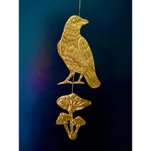 Embossed Gold Tin Crow and Mushrooms Hanging Talisman