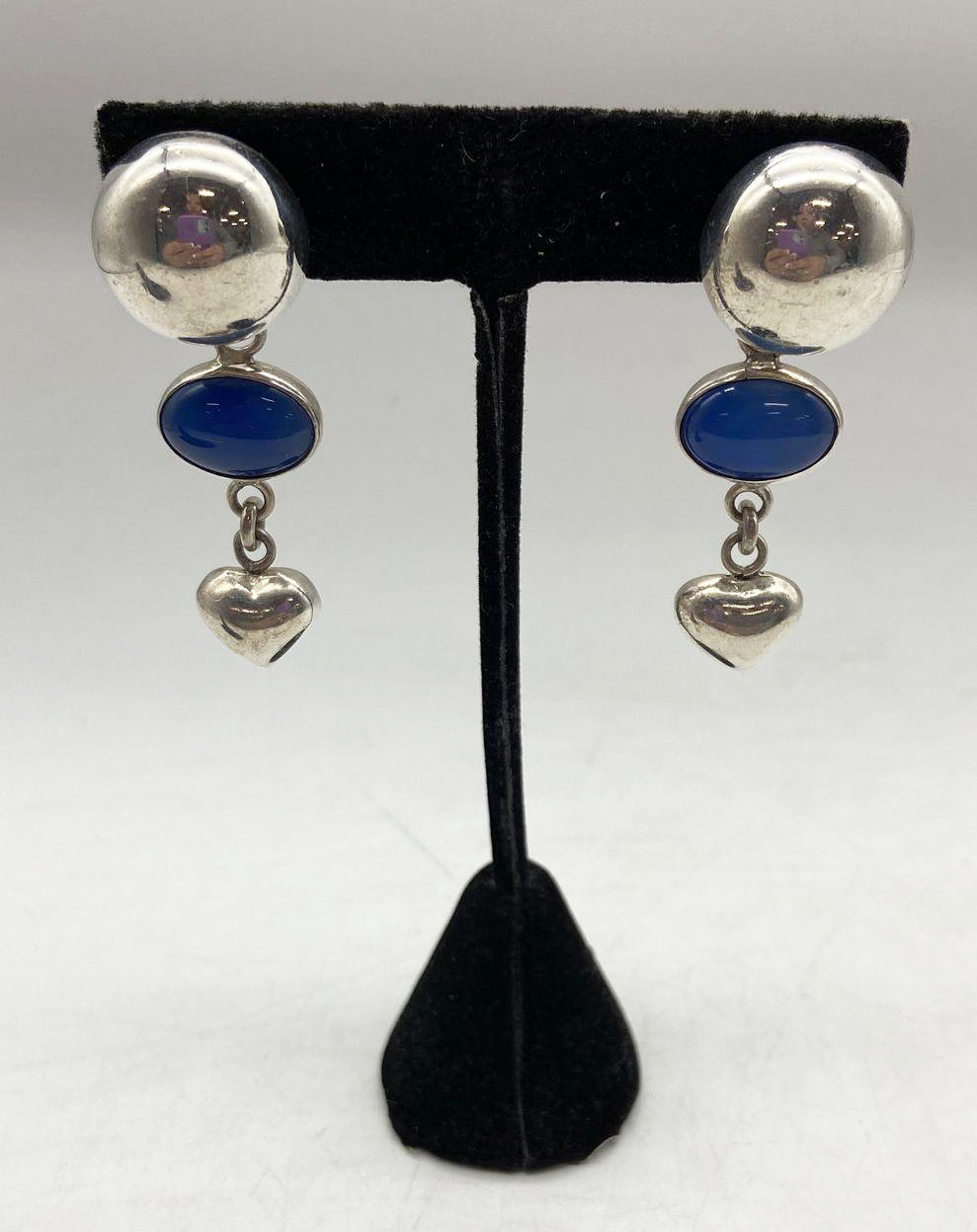 Vintage Blue Chalcedony Sterling Silver Heart Earrings