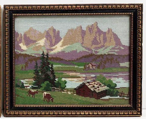 Vintage Cows with Mountains Needlepoint Framed Art
