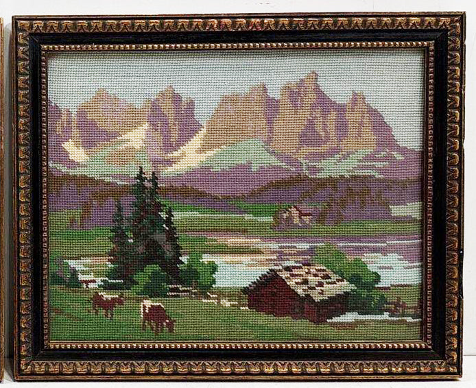 Vintage Cows with Mountains Needlepoint Framed Art