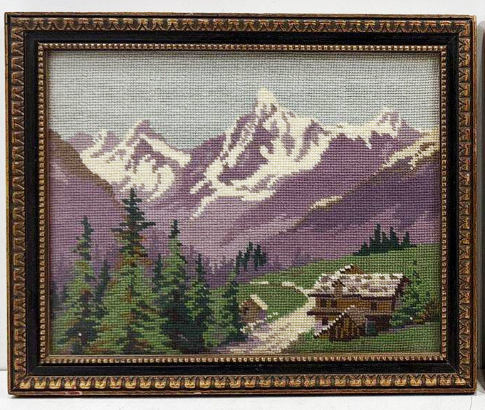 Vintage Mountain Needlepoint Framed Art