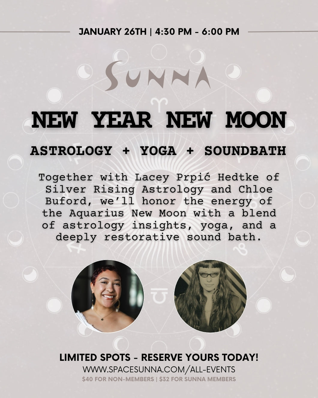 January 26: New Year New Moon Astrology + Yoga + Soundbath with Lacey Prpić Hedtke + Chloe Buford