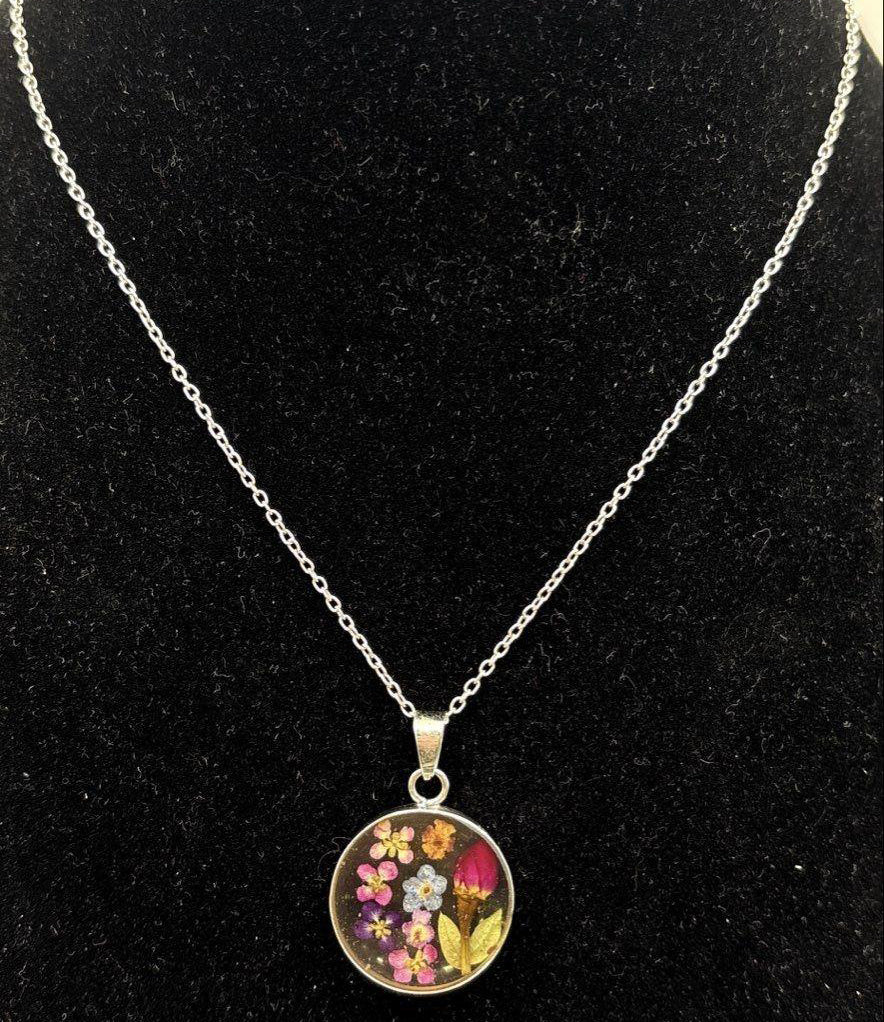 Vintage Flowers in Resin Pendant Sterling Silver Necklace