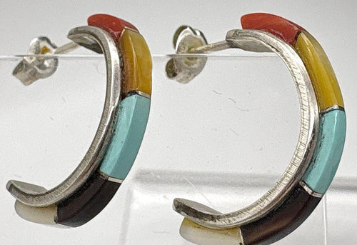 Vintage Half-Hoop Coral, Mother of Pearl, Turquoise + Black Onyx Sterling Silver Earrings