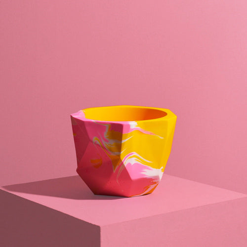 Medium Geometrical Plant Pot in Mustard & Pink